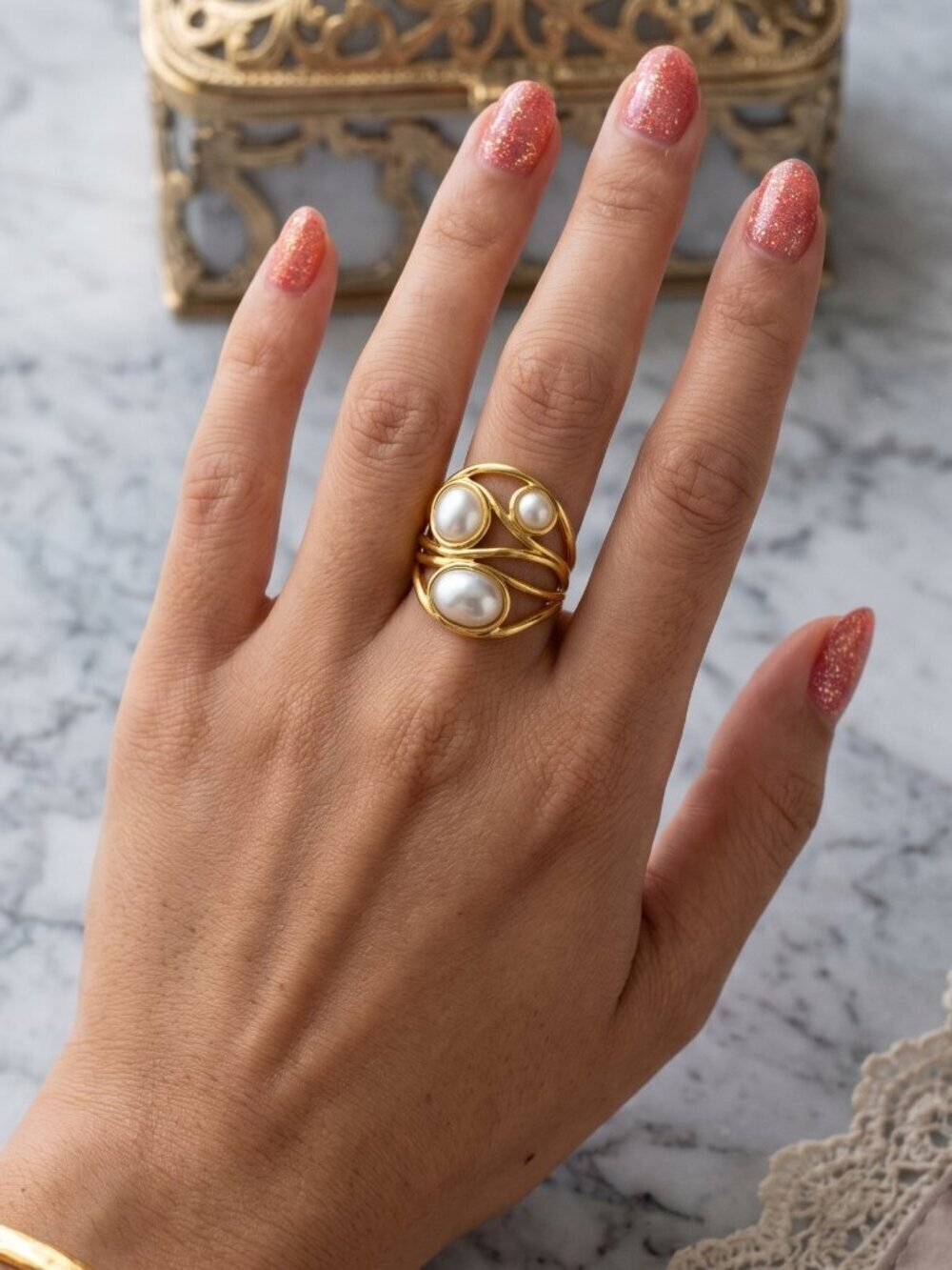 Old Money Coquette 18K Gold Faux Pearl Swirl Cage Adjustable Ring NWT